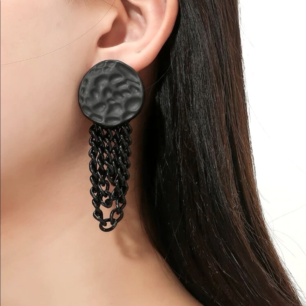 NWT Edgy Chain Fringe Hammered Discs Goth Black Bohemian Statement 925 Post